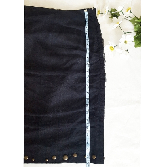Vtg 90's Le Chateau Skirt💥Stretchy Black Dark Denim Sheer Organza Skirt - Picture 3 of 3
